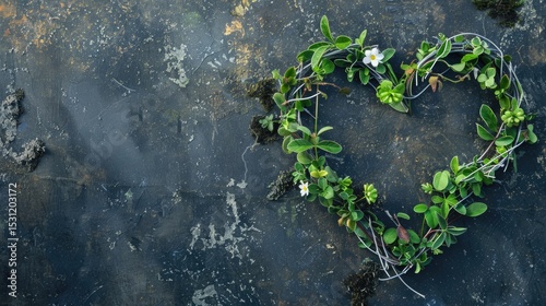 Wire recycling symbol covered with fresh green leaves and flowers on blurred natural background