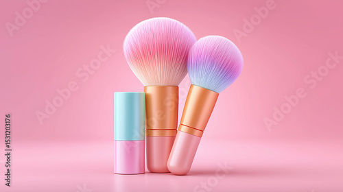 Two vibrant makeup brushes and a cosmetic tube arranged vertically on a seamless, soft pink background. 