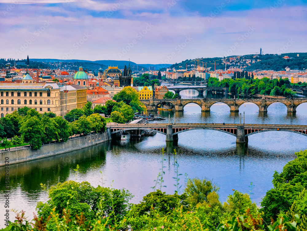 Fototapeta premium Beautiful view of the Vltava River in Prague, with its series of elegant bridges connecting both banks. The surrounding greenery complements the historic architecture that lines the river
