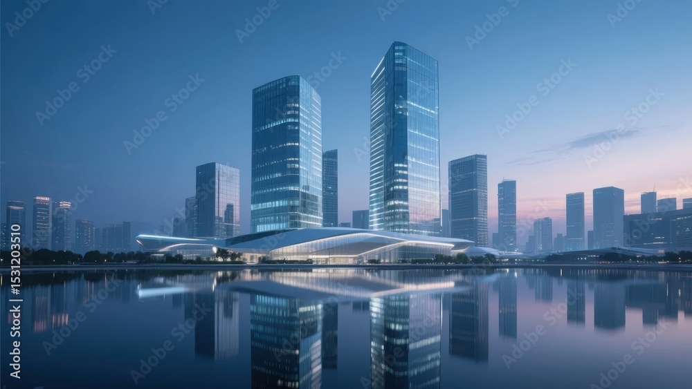 Fototapeta premium Modern Cityscape with Reflective Skyscrapers and a Curved Building at Dusk