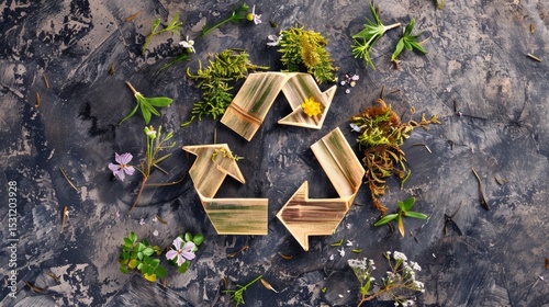 Wooden recycling symbol with young green plants growing from soil in natural garden environment