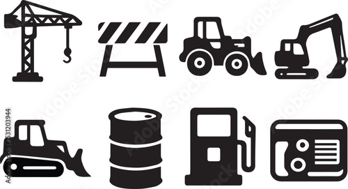 Heavy Equipment & Construction Icon Bundle – Crane, Excavator, Fuel Drum & More | EPS Vector Set
