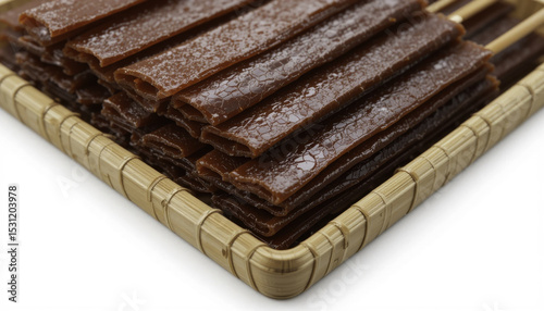 Rich, glossy brown strips of dried fruit leather are neatly stacked in bamboo tray, showcasing their smooth texture and inviting appearance. natural sheen adds to their appeal