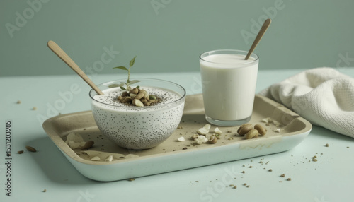 bowl of chia seed pudding topped with cashews and glass of milk are placed on tray, creating healthy and inviting breakfast scene. soft green background adds calming touch