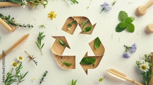 Wooden recycling symbol surrounded by fresh green leaves and colorful flowers on bright background