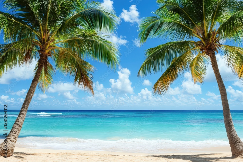 Obraz premium Tropical beach scene with palm trees under a vibrant sky.