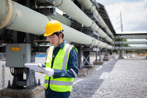 Engineer is working diligently at power station inspecting large pipes and reviewing documents to ensure facility operates safely and efficiently under bright daylight