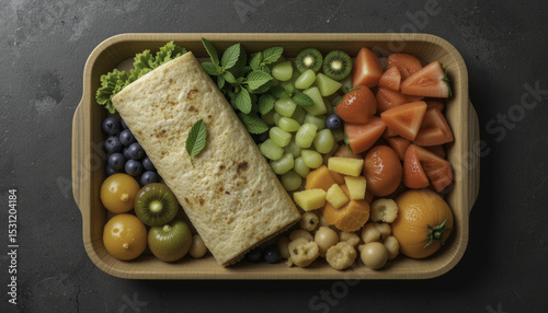 wooden tray filled with colorful assortment of fresh fruits and wrap, including tomatoes, grapes, kiwi, and blueberries, garnished with mint leaves, creates vibrant and healthy meal