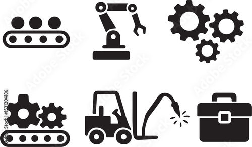 Industrial & Manufacturing Icon Bundle – Robot Arm, Conveyor Belt, Toolbox & More | EPS Vector Set
