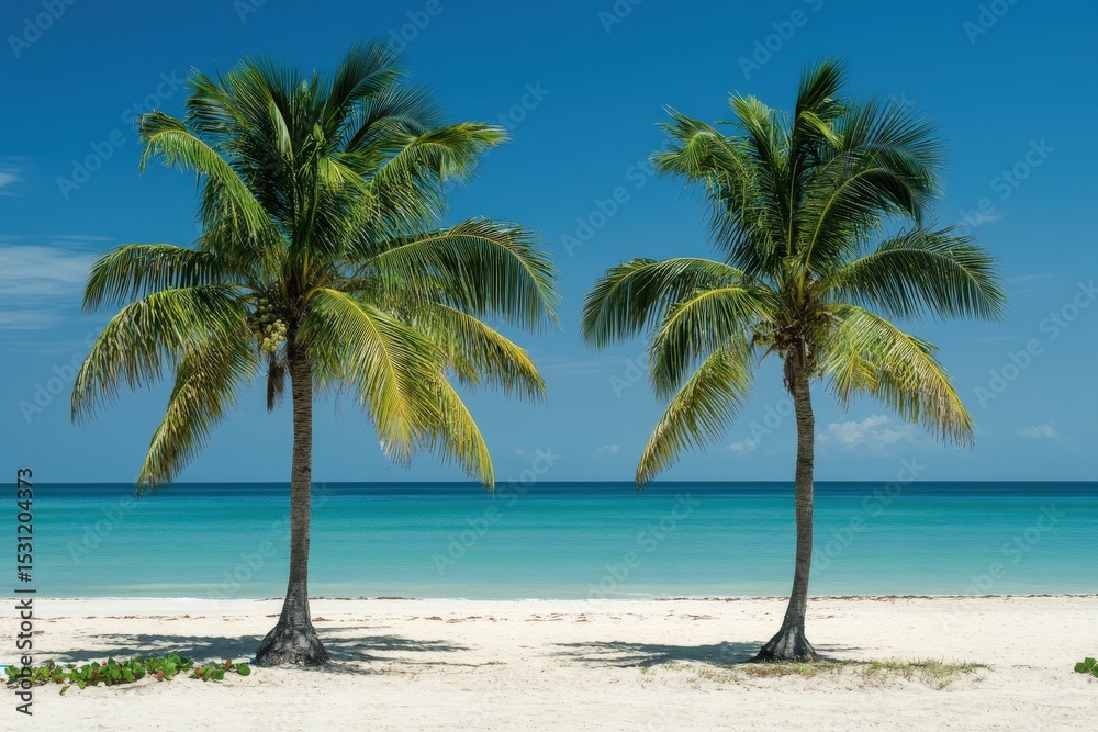 Two palm trees stand on a tropical beach. Two palm trees stand on a tropical beach.