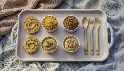 tray with assorted cookies and cupcakes is elegantly arranged on lace cloth, accompanied by gold colored cutlery, creating cozy and inviting atmosphere