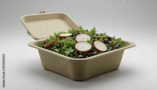 fresh salad with radish slices and greens is presented in eco friendly, biodegradable takeout container, highlighting sustainable dining options
