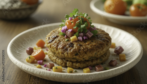 delicious stack of savory pancakes garnished with fresh herbs, cherry tomatoes, and diced vegetables sits on white plate, creating vibrant and appetizing presentation