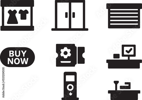 Retail Storefront & Checkout Icon Bundle – Display Window, Token Machine & More | EPS Vector Set