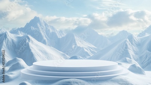 Snowy mountain backdrop with a white podium