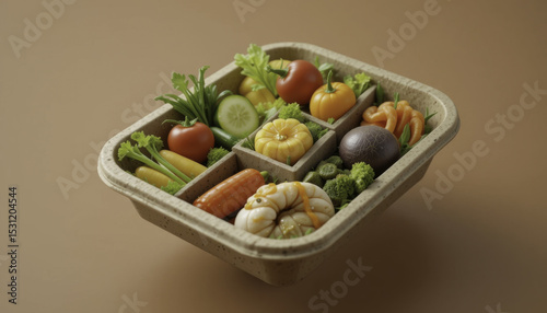 beautifully arranged assortment of fresh vegetables, including tomatoes, cucumbers, and corn, is displayed biodegradable tray. vibrant colors and natural textures create appealing and eco friendly