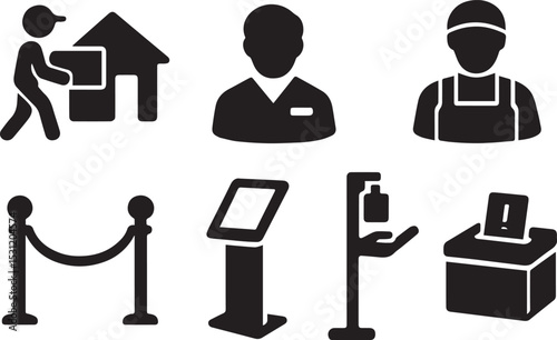 Retail & Service Operations Icon Bundle – Delivery, Manager, Sanitizer Stand & More | EPS Vector Set