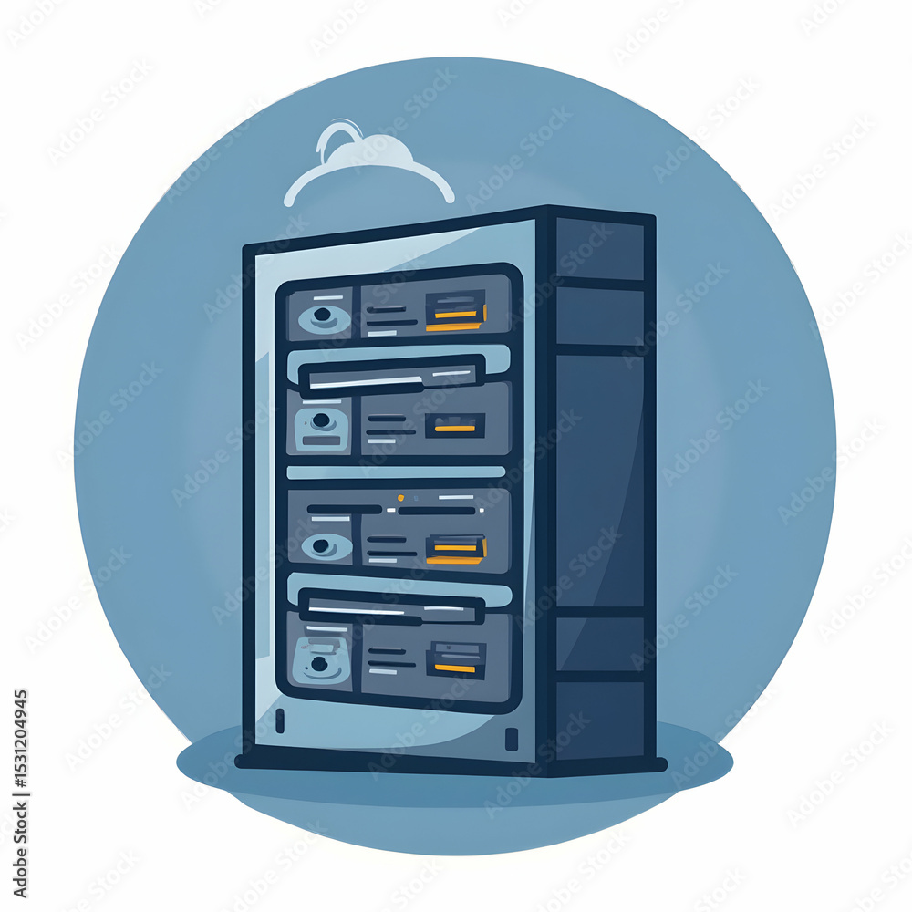 Fototapeta premium Server Rack Illustration with Cloud Computing Symbol in Blue