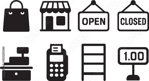 Retail Store Icon Bundle – Open Sign, Cash Counter, Billing & Packing Icons | EPS Vector Set