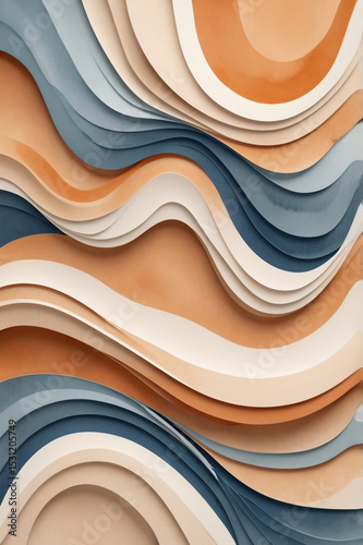 Earth Tone Abstract Waves Background with Blue and Beige Fluid Shapes for Artistic and Modern Design