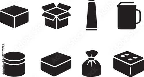 Packaging Types Icon Bundle – Flat Box, Tube, Tin & Fabric Wrap | EPS Vector Set