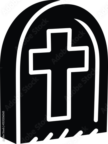 A black gravestone with a white cross in the center standing upright in a cemetery illustration art silhouette