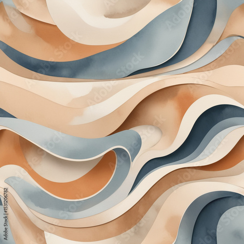 Earth Tone Abstract Waves Background with Blue and Beige Fluid Shapes for Artistic and Modern Design