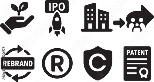 Corporate Growth & Legal Icon Bundle – IPO, Acquisition, Trademark & More | EPS Vector Set