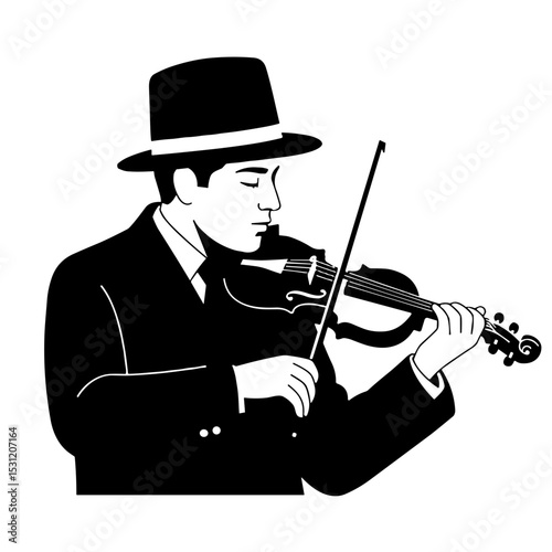 Man playing violin in black and white vector flat illustration on transparent background  