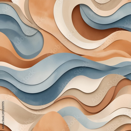 Earth Tone Abstract Waves Background with Blue and Beige Fluid Shapes for Artistic and Modern Design