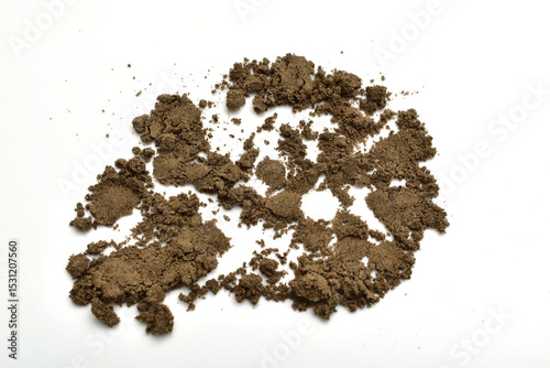 A handful of soil from the garden on a white background.