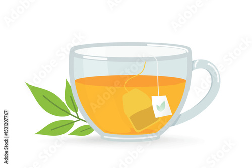 Tea glass cup with tea bag and green tea. Hot drink in vector cartoon flat style. Isolated on white background. Perfect for beverage, cafe, relaxation, and healthy lifestyle designs
