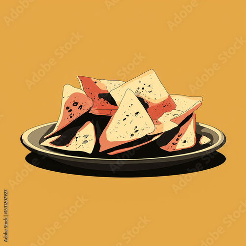 Delicious crispy triangular chips piled on plate, appealing snack