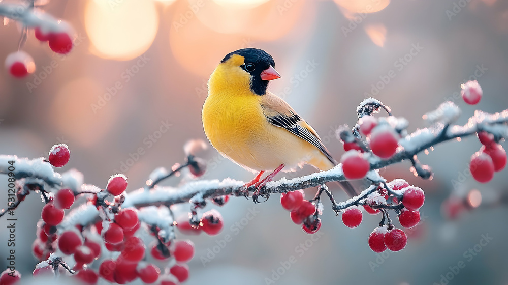 Fototapeta premium Vibrant yellow bird perched on a winter branch laden with berries.
