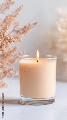 A lit candle in a transparent glass jar, placed on a white marble background,cotton bolls or delicate dried grasses,
light brown. 