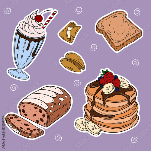 Sweet bakery goods set collections with various types of baking products and confectionery. Bakery shop and cafeteria restaurant decoration 