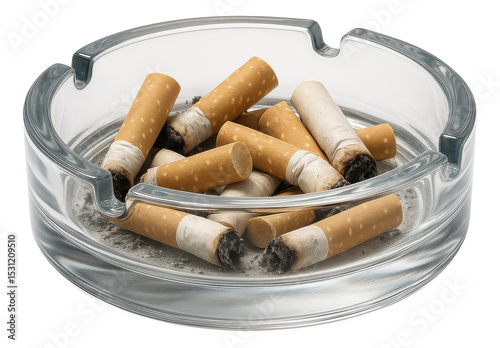A clear glass ashtray filled with multiple smoked cigarette butts, displaying ash and burnt filters, on transparent background.