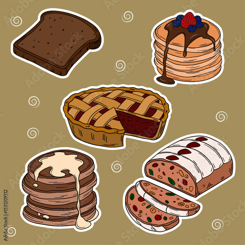 Sweet bakery goods set collections with various types of baking products and confectionery. Bakery shop and cafeteria restaurant decoration 