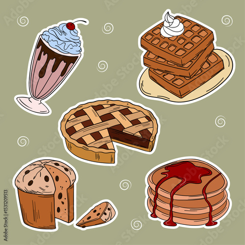 Sweet bakery goods set collections with various types of baking products and confectionery. Bakery shop and cafeteria restaurant decoration 