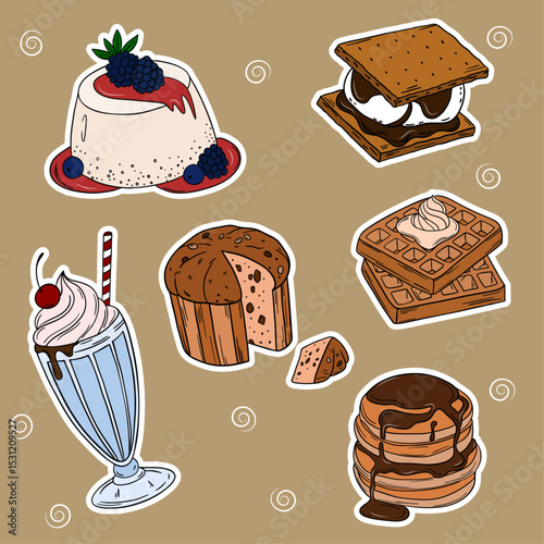 Sweet bakery goods set collections with various types of baking products and confectionery. Bakery shop and cafeteria restaurant decoration 