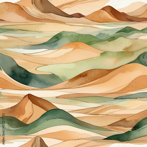 Watercolor Abstract Landscape of Rolling Green and Earth Tone Hills with Nature Inspired Design for Wall Art and Backgrounds