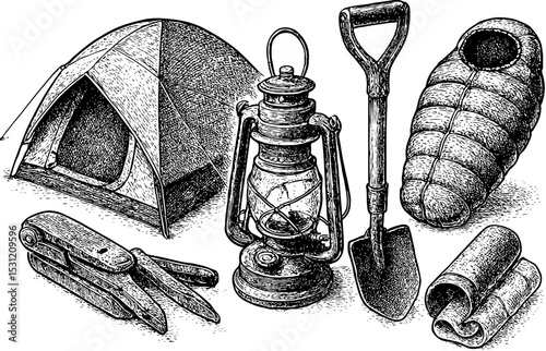 Isometric black-and-white illustration of core camping gear: tent, lantern, shovel, sleeping bag, multitool, and ground mat—rendered in vintage engraving style for survival and outdoor adventure theme