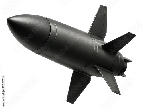 Black military-style missile with four fins and aerodynamic shape on transparent background.