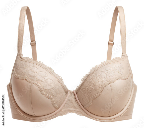 Wallpaper Mural Elegant beige lace bra with adjustable straps featuring floral embroidery on transparent background. Torontodigital.ca
