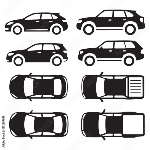 Vehicle elevation and top view vector flat illustration collection ideal for architectural design vector