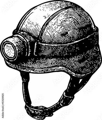IIsometric black-and-white illustration of a vintage miner’s safety helmet with integrated headlamp, rendered in detailed engraving style for industrial, safety, and exploration themes