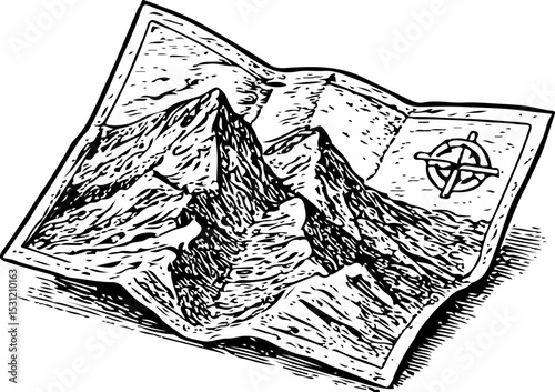 Isometric black-and-white illustration of a topographic map with mountainous terrain and compass rose, rendered in vintage engraving style for navigation, exploration, and adventure themes