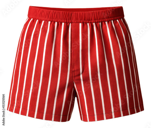 Red and white vertically striped shorts with an elastic waistband on transparent background.
