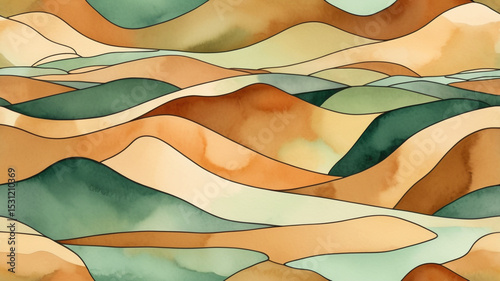 Watercolor Abstract Landscape of Rolling Green and Earth Tone Hills with Nature Inspired Design for Wall Art and Backgrounds