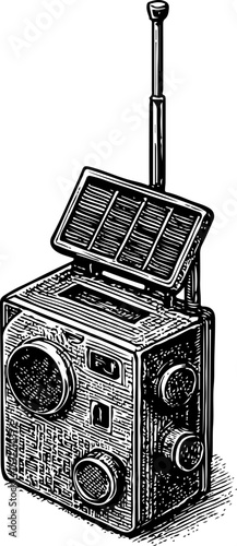 Isometric black-and-white illustration of a solar-powered emergency radio with antenna, dials, and hand crank, drawn in vintage engraving style for survival and off-grid themes